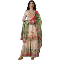 Aurelia Beige Floral Printed Mirrir Work Short Kurta and Sharara Set with Dupatta (Size: XL)-24AUAS15475-508371