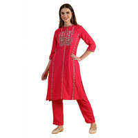 W for Woman Pink Glitter Printed Embroidered Straight Kurta (Size: S)-W12307-117183