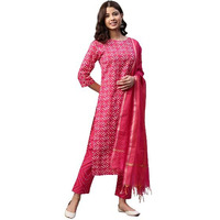 Yuris Women Pink Ethnic Motifs Printed Regular Sequinned Pure Cotton Kurta with Trousers with Dupatta (L)