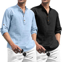 Zombom Combo of Men's Solid Cotton Blend Full Sleeve Straight Kurta Shirt (Pack of 2) Sky Blue-Black
