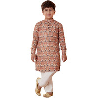Manyavar Boys Kurta & Pajama Set, Mandarin Collar with Button Closure, Full Sleeve Kurta Set for Kids, Printed, Blended Viscose (Orange, 6 Years-7 Years)