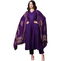 GoSriKi Women's Rayon Blend Solid Anarkali Kurta with Pant & Dupatta (Magic-Violet-NDM-GS_L_Violet_Large)