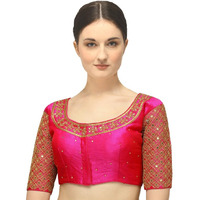 Pujia Mills Women's Embroidery Handwork Sequence Work Necklace Design Readymade Blouse (Dark Pink, 32)