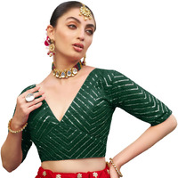 Pujia Mills Womens Fancy Readymade Half Sleeve Sequins Saree Blouse(Sequins Butti Green_38)