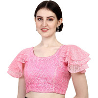 Pujia Mills Women's Shipali Net Work Ruffle Sleeves Readymade Saree Blouse (Shipli Jhadu Pink_Pink_38 Size + Margin)