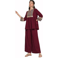 TADKEE Women's Geometric Printed Sequin Decorated Woven Fringe Two Piece Set | 3/4 Sleeve Co-ord Set (FN-Pop-Printed-Nack-Set-123-Maroon-L)