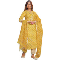 Alvami Viscose Women Printed Straight Kurta Pant with Dupatta Set, Yellow