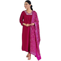 Naixa Women's Gajri Silk Chiffon Embroidered Flared Kurta with Silk Chiffon Pant and Poly Chiffon Printed Dupatta Sets (NX-516-Gajri-XS)