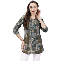 SMOWKLY Ethnic Kurta || Printed Cotton Kurta || Womens Casual wear || Colorful Traditional top || Comfortable Womens Fashion || Stylish Ethnic Clothing (1457_Olive_L)