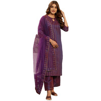 Sanisa Women's Silk Blend Foil Printed Gota Lace Dual Tone Straigth Kurta with Pant and Dupatta Set| Ethnic Set | Suit Set | Kurta Set(103KBD1127N-S_Deep Purple)