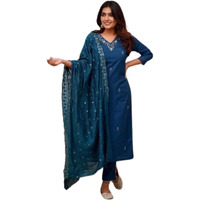 Anveri Textiles Women's Yellow Chanderi Silk 3/4 Sleeve V Neck Floral Embroidered Casual Regular Straight Kurti and Pant With Dupatta | Salwar Suit Sets for Women (205_SanaNavyblue_2XL)