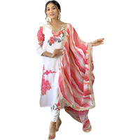Naixa Women's Offwhite Muslin Embroidered Straight Kurta with Rayon Pant and Taby Organza Laced Dupatta Sets (NX-454-Offwhite-M)