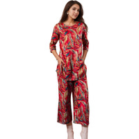 SMOWKLY Women's Printed Rayon Slub Mid Thighs Short Kurti With Relaxed Fit Pant Sylish Co-Ords Set || Trendy 3/4 Sleeve Kurta & Palazzo Cord Pair (Red-XX Large)