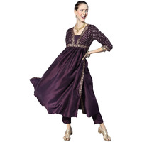 ZIYAA Women's Art Silk Purple Chinon Flared Kurta and Pant Set(Zikuch3741Andpa-Xl)