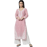 Ekasya Women's Georgette Straight Cut Round Neck Kurta with Beautiful Floral Lucknowi Work (E1542)