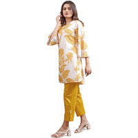 Womanista Women's Yellow & White hakoba Printed Tunic with Trouser Cord Set(Co-ords_9093_M)