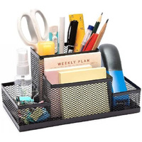 UCRAVO 1pcs Mesh Pen Pencil Holder with Post It Note Holders Desk Organizer, 4 Compartment Wire Desktop Pen Pencil Cup Office Supplies Accessories for Home Office School, Black, Stationery