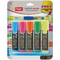 FLAIR 5 Shades Super Glow Highlighter Blister Pack | Ergonomic Grip with Pocket Clip for Comfortable Handling | Non-Toxic Ink & Safe for Childrens | Pack of 1