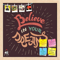 ArtzFolio Believe in Your Dreams | Bulletin Board Notice Pin Board | Vision Soft Board Combo with Thumb Push Pins & Sticky Notes | Natural Brown Frame | 12 x 12 inch (30 x 30 cms)
