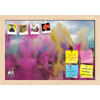 ArtzFolio Holi Festival India | Bulletin Board Notice Pin Board | Vision Soft Board Combo with Thumb Push Pins & Sticky Notes | Natural Brown Frame | 23.5 x 16 inch (60 x 41 cms)