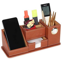 panku Faux Leather Tan Paper/Memo/Phone/Card Holder Desk Table Organizer Office Supply Stationery Pack of 1 (with Watch)