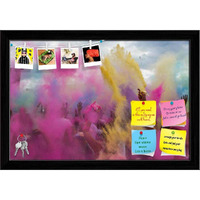 ArtzFolio Holi Festival India | Bulletin Board Notice Pin Board | Vision Soft Board Combo with Thumb Push Pins & Sticky Notes | Black Frame | 23.5 x 16 inch (60 x 41 cms)