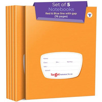 Red and Blue Line with Gap Books | Small Four Line Books | 76 Ruled Pages | Hard Brown Cover | 15.5 cm x 19 cm Approx | Pack of 5 Notebooks | for School, College and Office Use | GSM 60