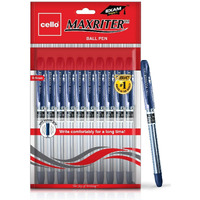 Cello Maxriter Ball Pen | Pack of 10 | Blue Ball Pens | Lightweight Ball Pens for Pressure Free & Fine Writing | Elasto Grip for Comfort | Ball Pens with Lubriflow Ink System Pens