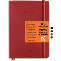 NEORAH - A5 2025 DATED WEEKLY PLANNER - Accomplish - Includes Yearly | Monthly | Weekly + Notes Layout with 12 Month Budget Tracker | Habit Tracker Wheel | Gratitude Journal | Track Goals - Accomplishments | Things to Do | Passion | Password Log | Track Birthday Anniversary | Extra Notes | 2025 Productivity Planner Diary with Dates - Planner for Work & Study (Size 21.0 x 14.8cm) | Dated Weekly Planner-HARDCOVER | (RED) [STICKERS SOLD SEPERATELY]
