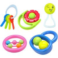 Little Innocents BPA-Free Non Toxic Colorful Plastic 4 Shake & Grab Rattles & 1 Soothing Key Teether for Babies & Infants, Early Age Toys for New Borns (Set of 5, Multicolor)