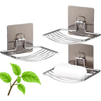 Style Keepers 2Pcs Soap Holder Set Single Layer Stand for home With Self Adhesive Sticker Storage Rack Hanging Waterproof Dish Box Case Self Draining Stickable - Stainless Steel Silver Chorme (2)