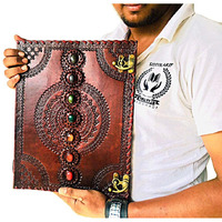 ALCRAFT Handmade Leather Diary Journal Seven Chakra Medieval Stone with C Lock Daily Planner Guest Book- 10 X 13 Inch, Brown