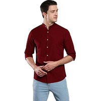 Dennis Lingo Men s Cotton Solid Mandarin Collar Slim Fit Casual Shirt (CC201_DARKRED, L)