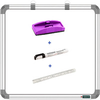 YAJNAS 2x2 feet Non Magnetic Double Sided, White Board and Chalk Board, One Side White Marker and Reverse Side Green Chalk Board Surface, Duster, Marker & 30 CM Scale (Pack of 4 Items)