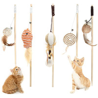 Qpets Premium Cat Toy Interactive Cat Toys Set of 5 Cat Teaser Wand Pet Toy for Cat Activity Fishing Rod with Mouse Natural Feathers Cat Toys for Kittens to Play Cat Games and Toys Mouse Toy
