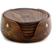 Saim Handicrafts Handmade Wooden Lotus Tea Coaster With Half Barrel Shape Stand (3.5 Inch) - Set Of 6