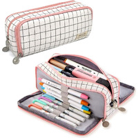 Finemoe Canvas Large Capacity Pencil Box For Girls&Boys,3 Compartments Pen&Pencil Pouches,Aesthetic Stationery Pouch For School Kids College Students,Cute Stationary Gift For Children (Plaide White)