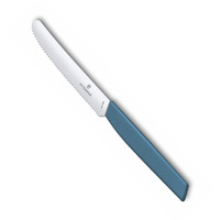 Victorinox Stainless Steel Kitchen Knife, Swiss Modern 11 Cm Multipurpose, Round Tip Wavy Edge Knife For Professional And Household Kitchen, Cornflower Blue, Swiss Made