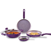 Wonderchef Royal Velvet Non-Stick 5-Pcs Cookware Set Fry Pan With Lid, Kadhai, Dosa Tawa, Mini Fry Pan|Induction Ready|Soft-Touch Handles|Non Toxic Ivirgin Aluminium|3 Mm Thick|2 Years Warranty|Purple