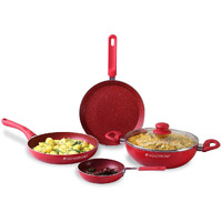 Wonderchef Royal Velvet Non-Stick 5 Pcs Cookware Set|Fry Pan With Lid, Kadhai, Dosa Tawa, Mini Fry Pan|Induction Bottom And Soft-Touch Handles|Pfoa & Heavy Metals Free|3 Mm Thick|2 Years Warranty|Red