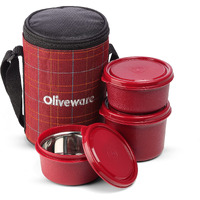 Oliveware Amber Lunch Box, Microwave Safe & Leak Proof, 3 Inside Steel Containers With Bpa Free Lids (2 * 450Ml & 600Ml), Fabric Bag - Red