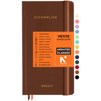 Neorah  2025 Accomplish Undated Planner Petite | 12 Month Productivity Planner Diary Without Dates | Weekly | Monthly | 12 Month Budget Tracker | Gratitude Journal | Track Goals | Accomplishments | Things To Do | Habit Tracker Wheel | Passion | Password Log | Track Birthday Anniversary | Extra Notes - Planner For Pro Journal Notebook (Size 21.0 X 10.5Cm) | Undated Hardcover Planner (Brown)