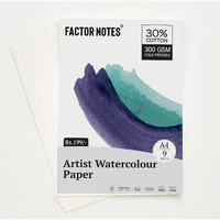 Factor Notes A4 Watercolour Sheet: 300 Gsm|30% Cotton | 9 Sheets | Cold-Pressed|Acidfree, Watercolor