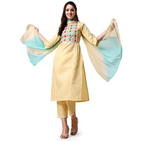 Ethnicjunction Women's Embroidered Thread Work Cotton Blend Straight Kurta With Pant With Ombre Dupatta Set (Skd3-Monali-Yellow_M_Yellow)