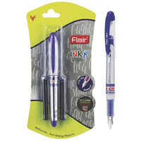 Flair Inky Fountain Pen Blister Pack | Stainless Steel Round Tip | Free 2 Pieces X-Large Jumbo Cartridges Each Pack | Comfortable Grip For Smooth Writing | Blue Ink, Pack Of 3