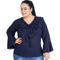 Indietoga Women's Plus Size Blue Solid Ruffled Georgette Tops (Bell Sleeves 2Xl)