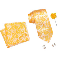 Rizoro Mens Plaid Paisley Silk Necktie Gift Set With Pocket Square Cufflinks & Brooch Pin Formal Tie With Leatherite Box (Yellow Punylrx Free Size)