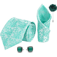 Rizoro Mens Plaid Paisley Silk Necktie Tie Gift Set With Pocket Square, Cufflinks & Brooch Pin Formal Tie With Leatherite Box (Turquoise, Puntrrb, Free Size)