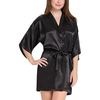 Xs And Os Women's Satin Solid Above The Knee Babydoll Kimono Robe (St_1017_Os_Black_Free Size)