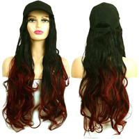 Paradise Synthetic Hair Hat 26" Long Hair Piece Adjustable Baseball Cap Attached/Women Wigs Natural Hair Full Head 26Inch (Curly Black+ Burgundy) (Free Carry Pouch) 150 Gram Pack Of 1Pc